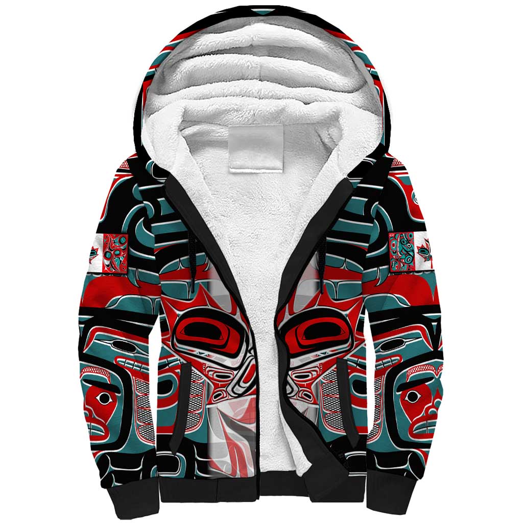 Canada Coat of Arms Haida Sherpa Hoodie Maple Leaf Flag Indigenous Art