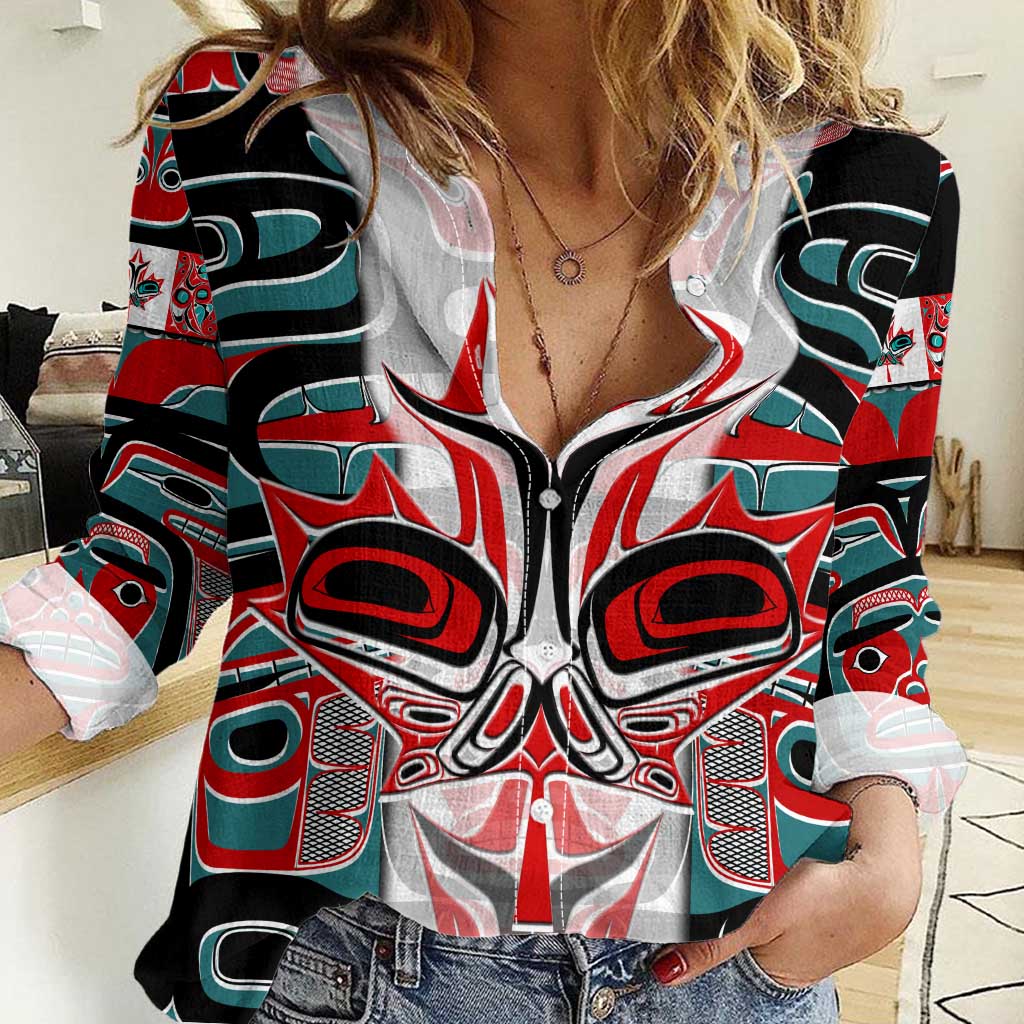 Canada Coat of Arms Haida Women Casual Shirt Maple Leaf Flag Indigenous Art