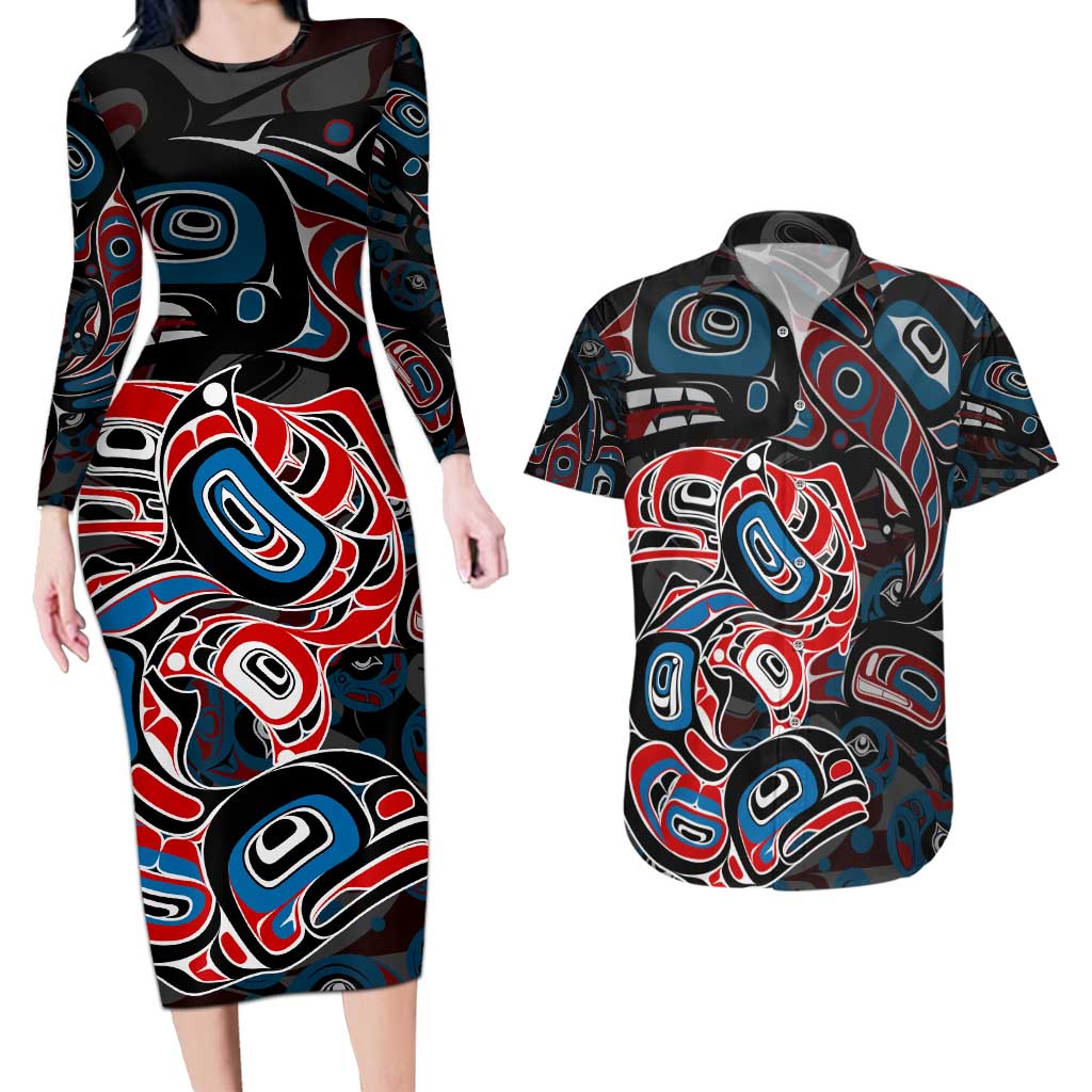 Haida Native Art Fish Couples Matching Long Sleeve Bodycon Dress and Hawaiian Shirt Canada Indigenous Art