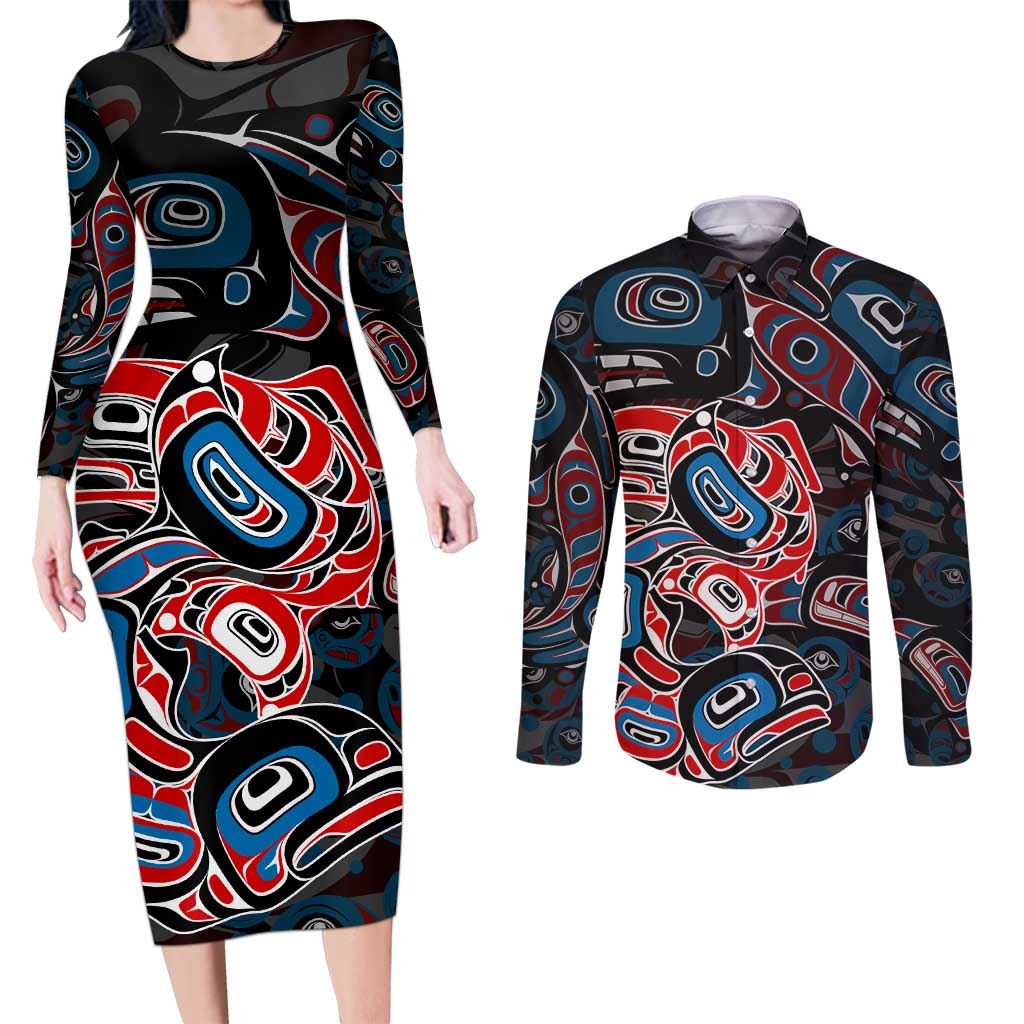 Haida Native Art Fish Couples Matching Long Sleeve Bodycon Dress and Long Sleeve Button Shirt Canada Indigenous Art