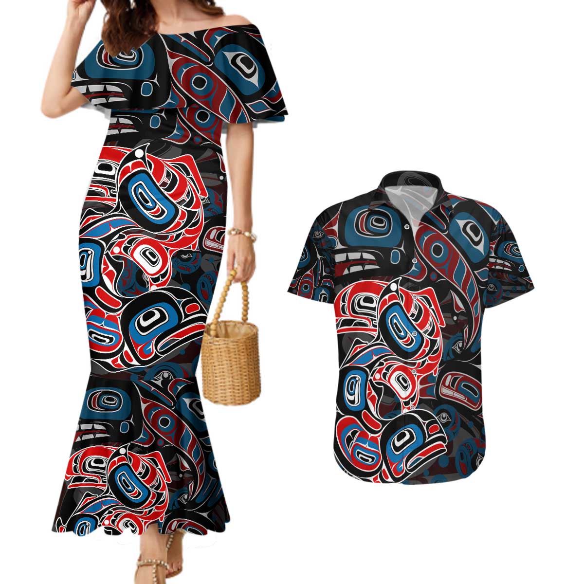 Haida Native Art Fish Couples Matching Mermaid Dress and Hawaiian Shirt Canada Indigenous Art