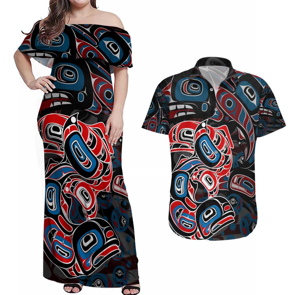 Haida Native Art Fish Couples Matching Off Shoulder Maxi Dress and Hawaiian Shirt Canada Indigenous Art