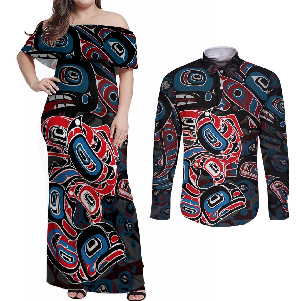 Haida Native Art Fish Couples Matching Off Shoulder Maxi Dress and Long Sleeve Button Shirt Canada Indigenous Art