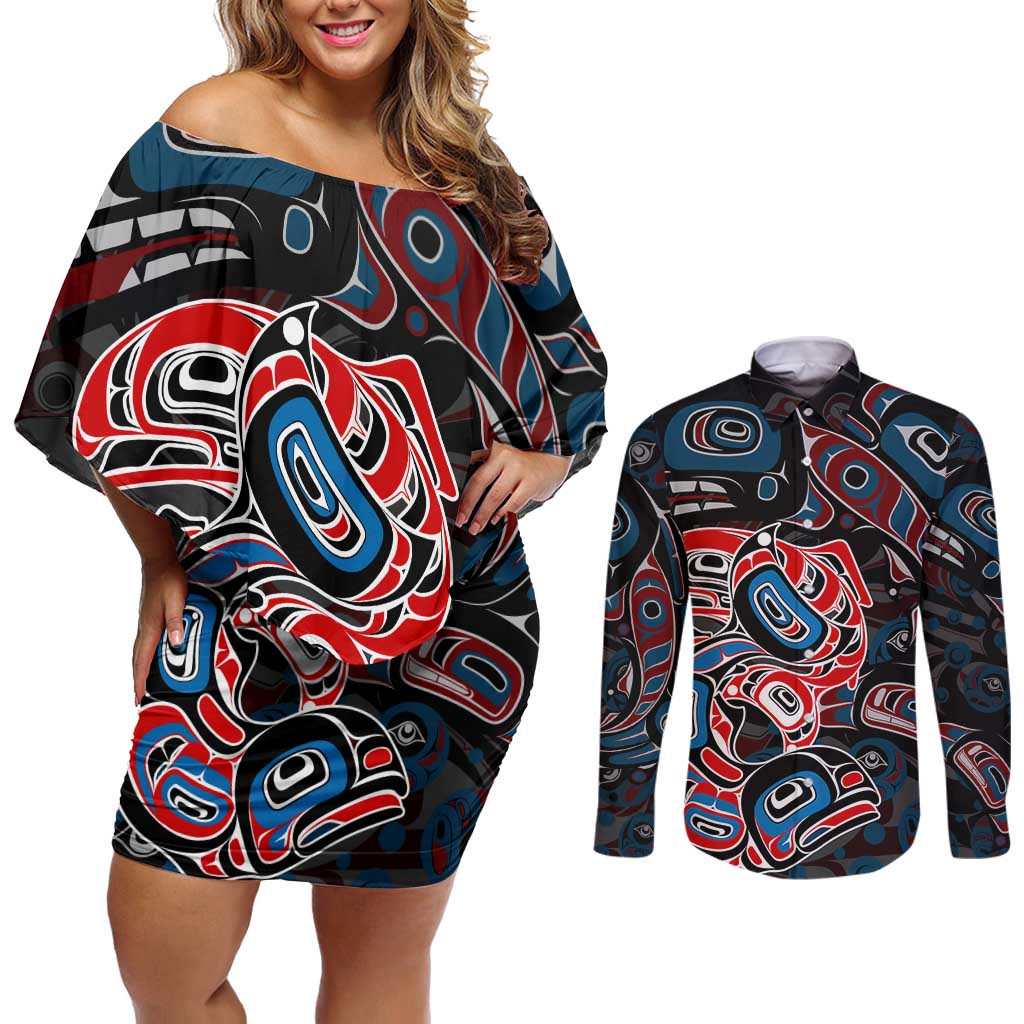 Haida Native Art Fish Couples Matching Off Shoulder Short Dress and Long Sleeve Button Shirt Canada Indigenous Art