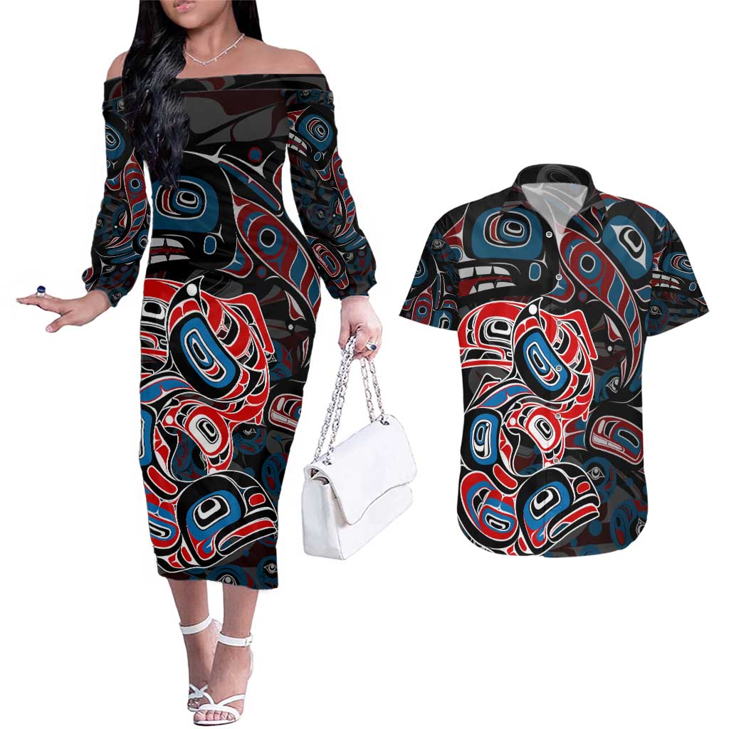 Haida Native Art Fish Couples Matching Off The Shoulder Long Sleeve Dress and Hawaiian Shirt Canada Indigenous Art