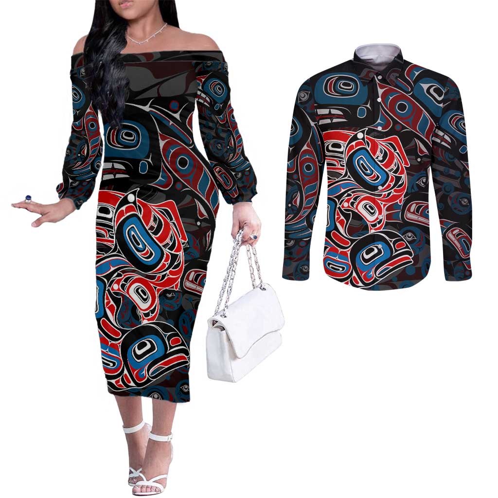 Haida Native Art Fish Couples Matching Off The Shoulder Long Sleeve Dress and Long Sleeve Button Shirt Canada Indigenous Art