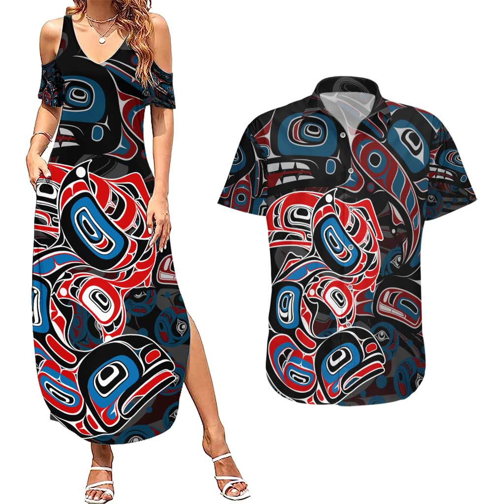 Haida Native Art Fish Couples Matching Summer Maxi Dress and Hawaiian Shirt Canada Indigenous Art