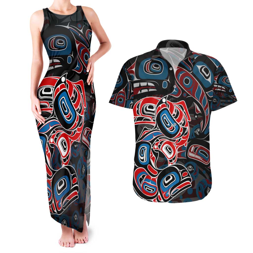 Haida Native Art Fish Couples Matching Tank Maxi Dress and Hawaiian Shirt Canada Indigenous Art