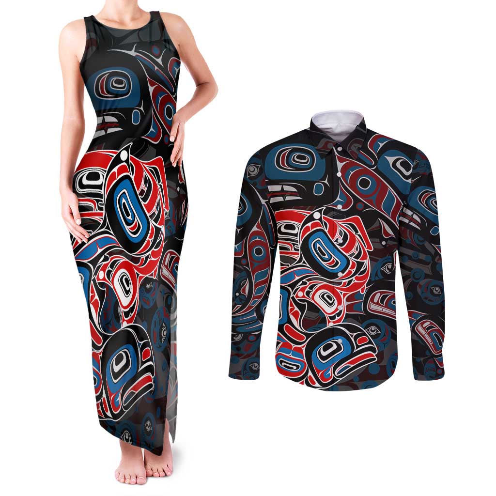 Haida Native Art Fish Couples Matching Tank Maxi Dress and Long Sleeve Button Shirt Canada Indigenous Art