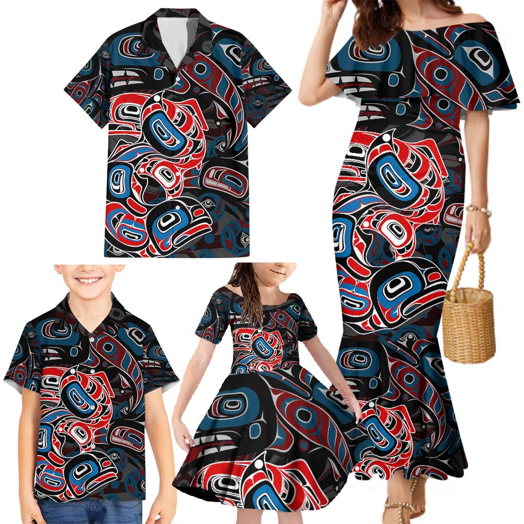 Haida Native Art Fish Family Matching Mermaid Dress and Hawaiian Shirt Canada Indigenous Art