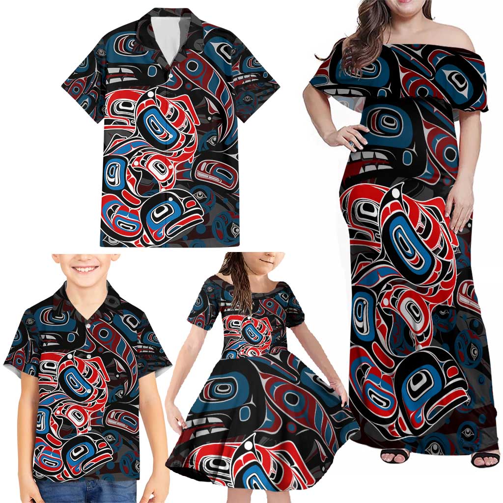 Haida Native Art Fish Family Matching Off Shoulder Maxi Dress and Hawaiian Shirt Canada Indigenous Art