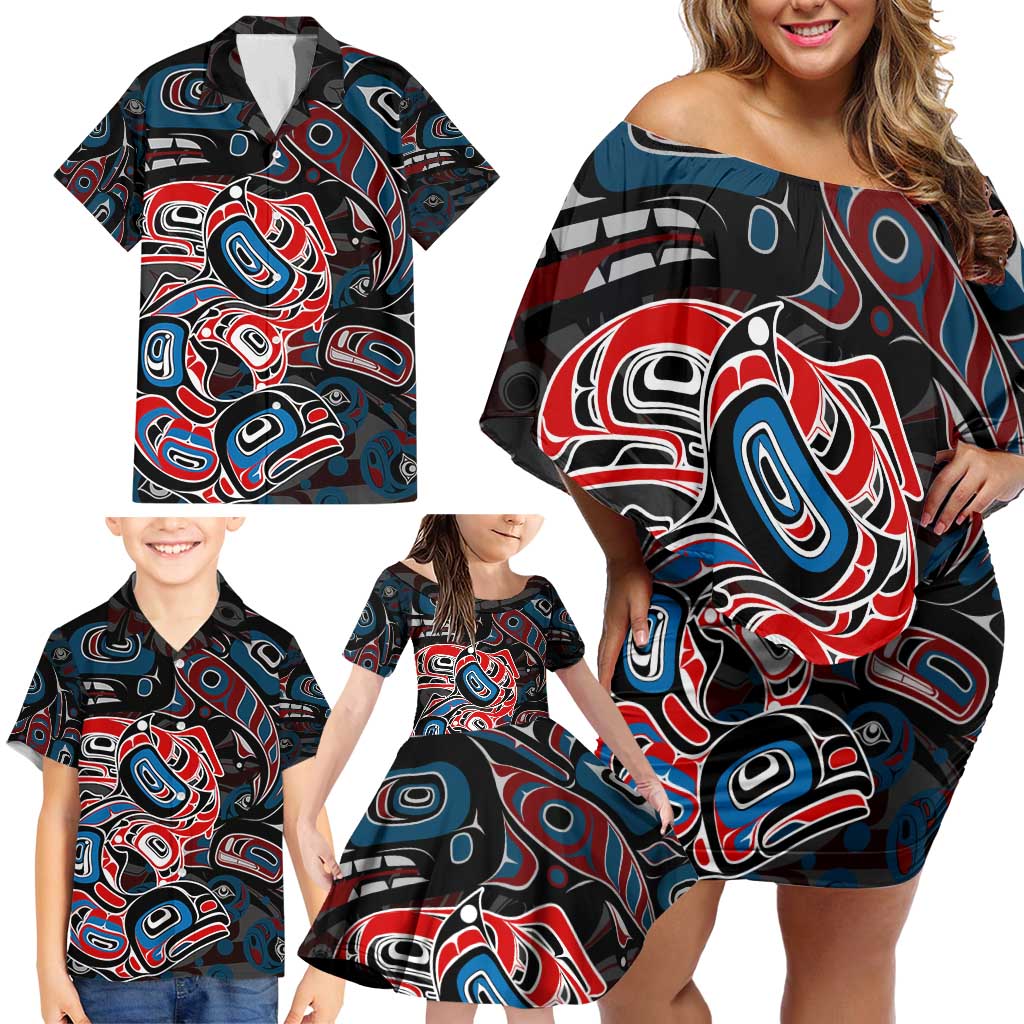 Haida Native Art Fish Family Matching Off Shoulder Short Dress and Hawaiian Shirt Canada Indigenous Art