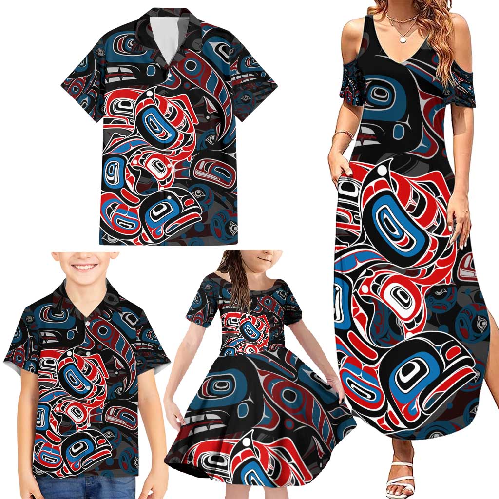 Haida Native Art Fish Family Matching Summer Maxi Dress and Hawaiian Shirt Canada Indigenous Art