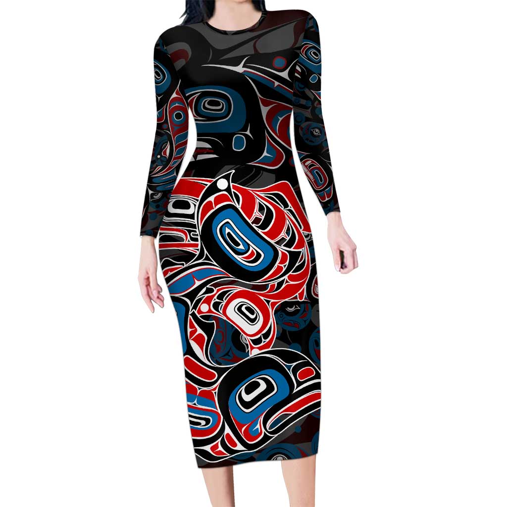 Haida Native Art Fish Long Sleeve Bodycon Dress Canada Indigenous Art