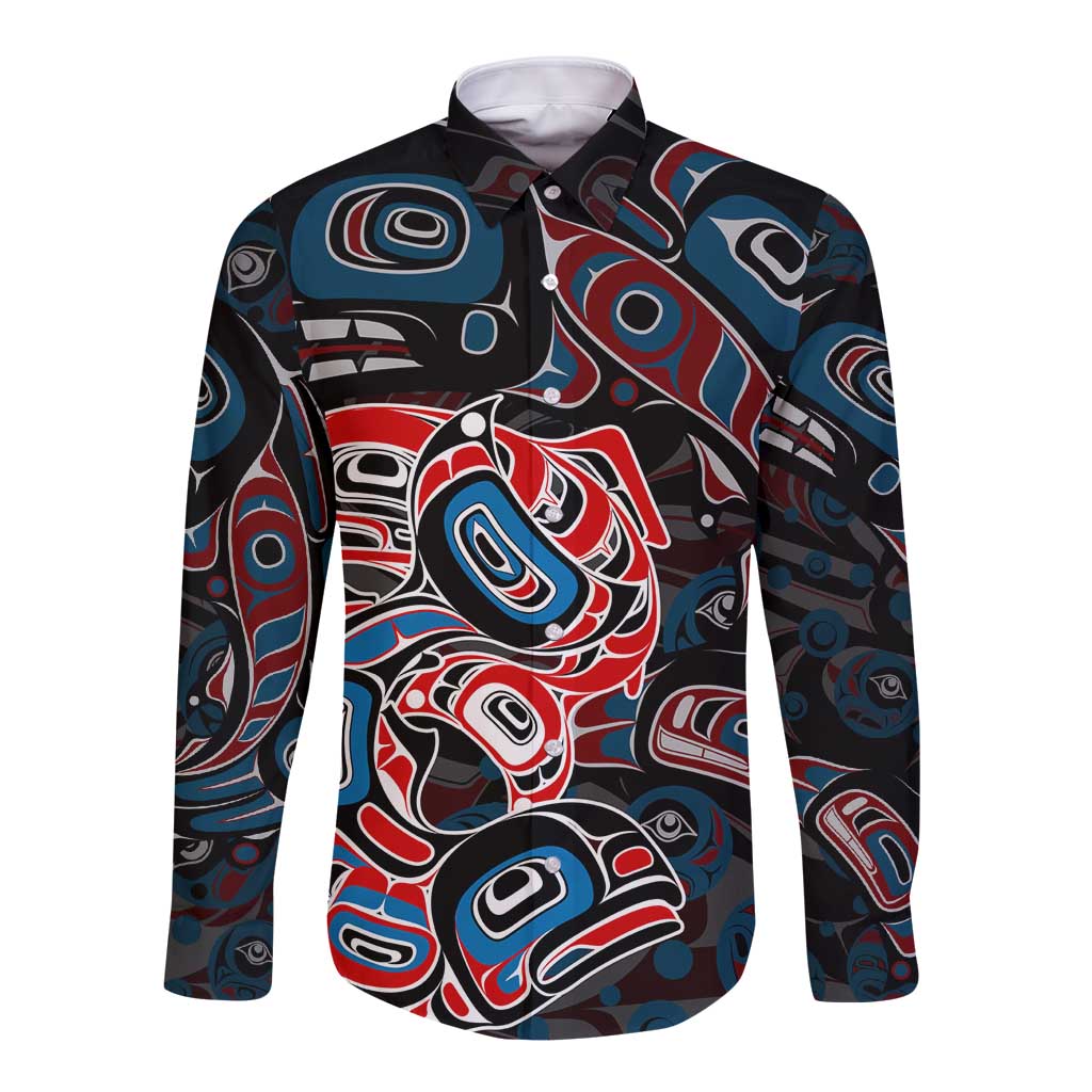 Haida Native Art Fish Long Sleeve Button Shirt Canada Indigenous Art