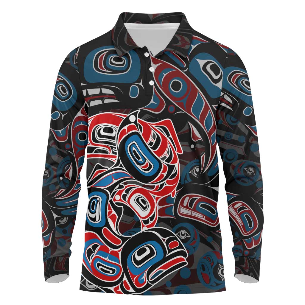 Haida Native Art Fish Long Sleeve Polo Shirt Canada Indigenous Art