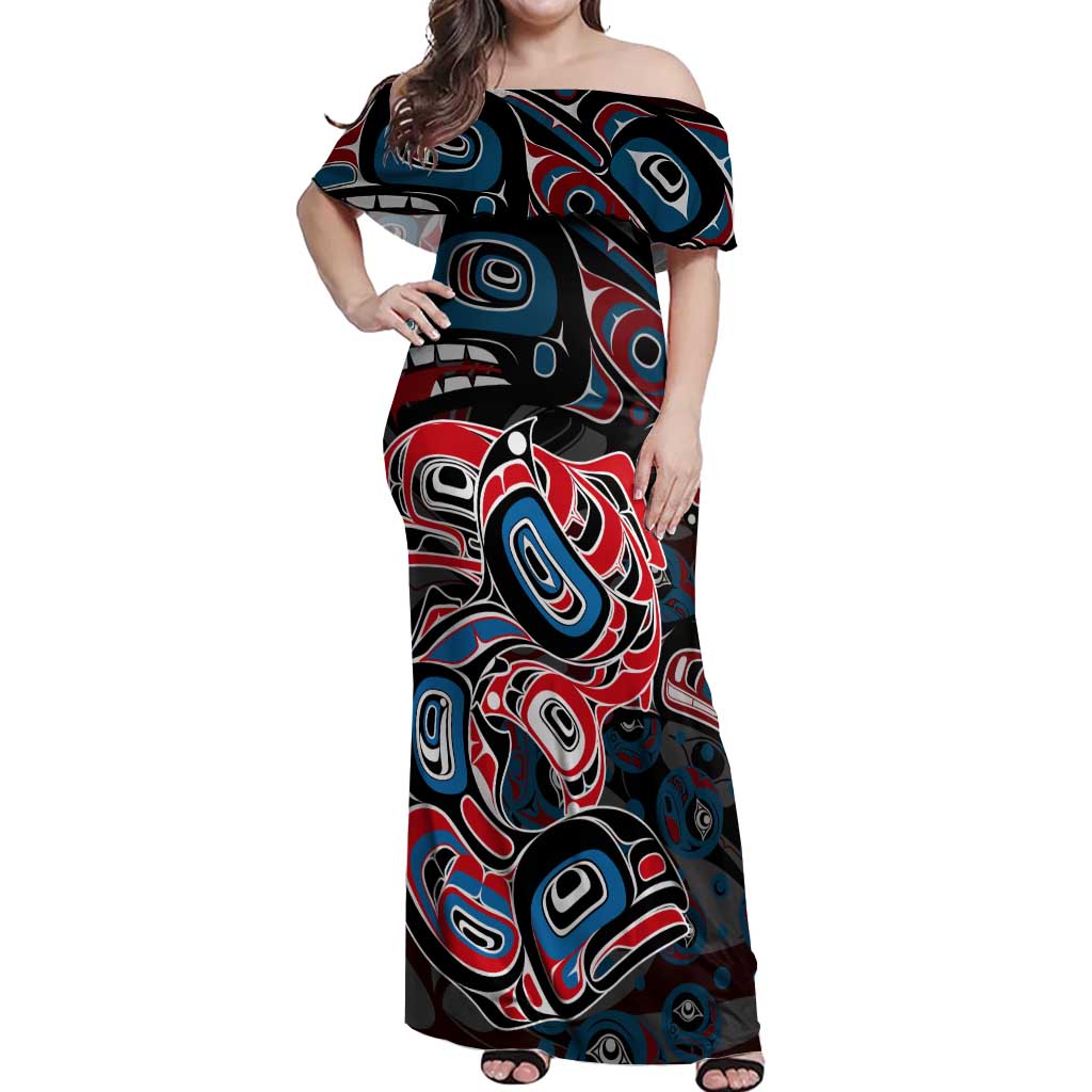 Haida Native Art Fish Off Shoulder Maxi Dress Canada Indigenous Art