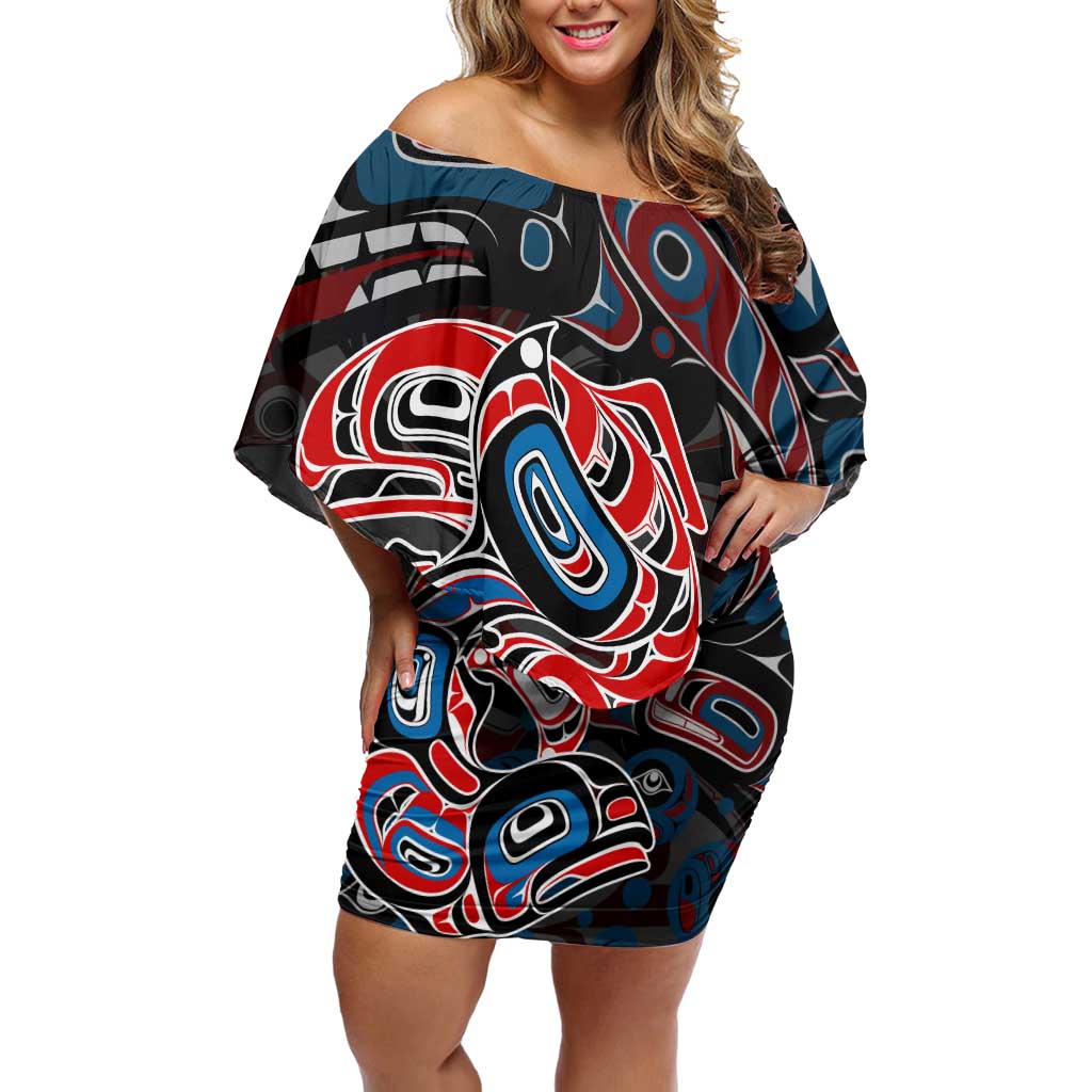 Haida Native Art Fish Off Shoulder Short Dress Canada Indigenous Art