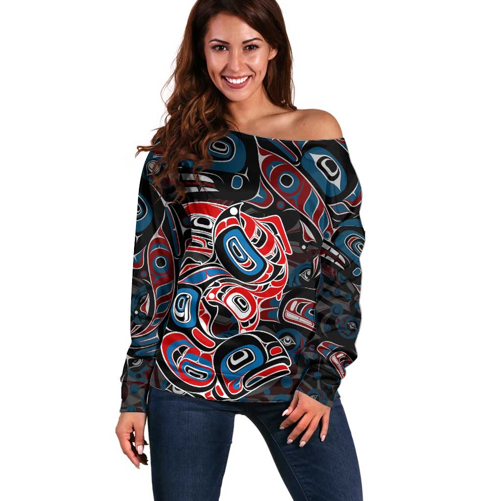 Haida Native Art Fish Off Shoulder Sweater Canada Indigenous Art