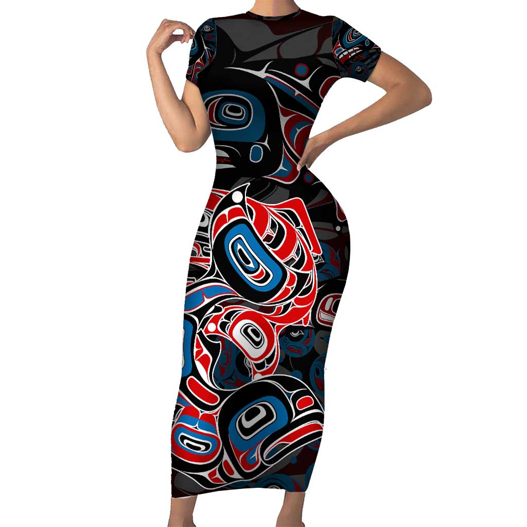 Haida Native Art Fish Short Sleeve Bodycon Dress Canada Indigenous Art