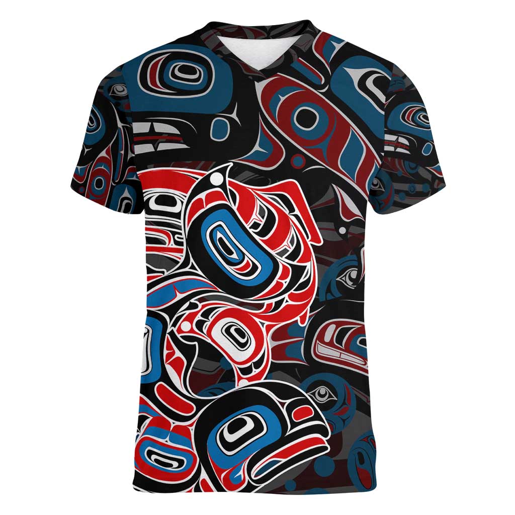 Haida Native Art Fish Women V-Neck T-Shirt Canada Indigenous Art