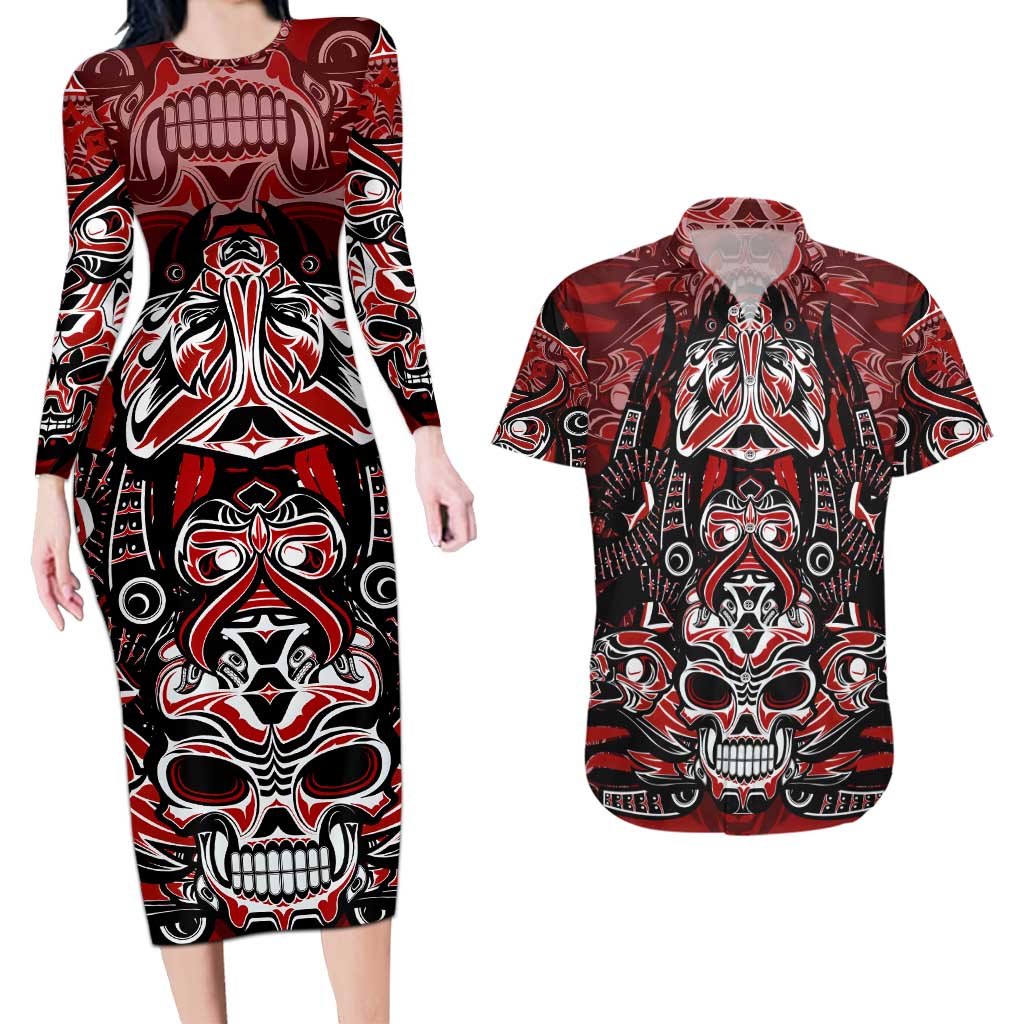 Haida Tribal Skull Canada Couples Matching Long Sleeve Bodycon Dress and Hawaiian Shirt Indigenous Warrior Totem