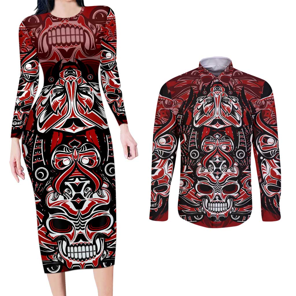 Haida Tribal Skull Canada Couples Matching Long Sleeve Bodycon Dress and Long Sleeve Button Shirt Indigenous Warrior Totem