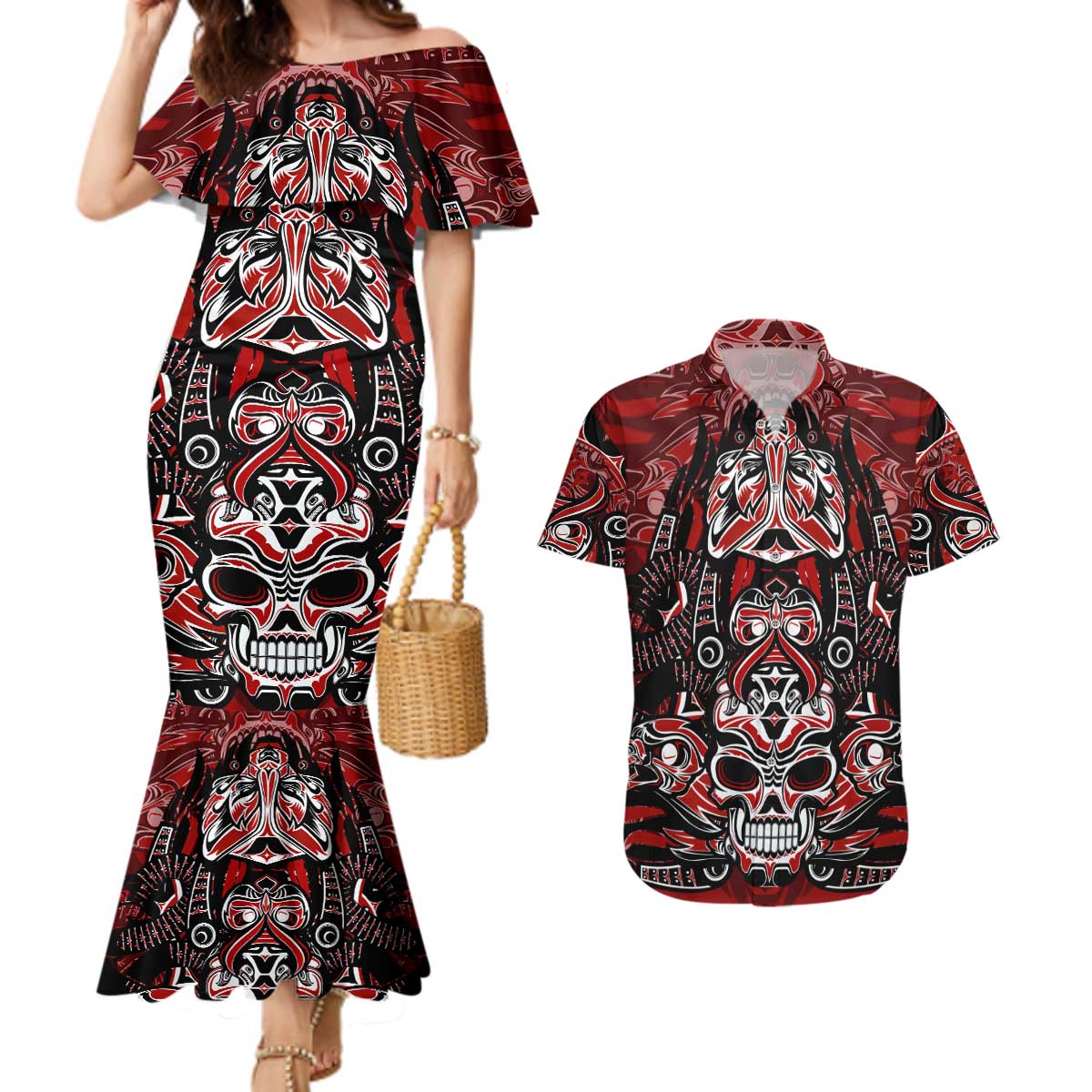 Haida Tribal Skull Canada Couples Matching Mermaid Dress and Hawaiian Shirt Indigenous Warrior Totem