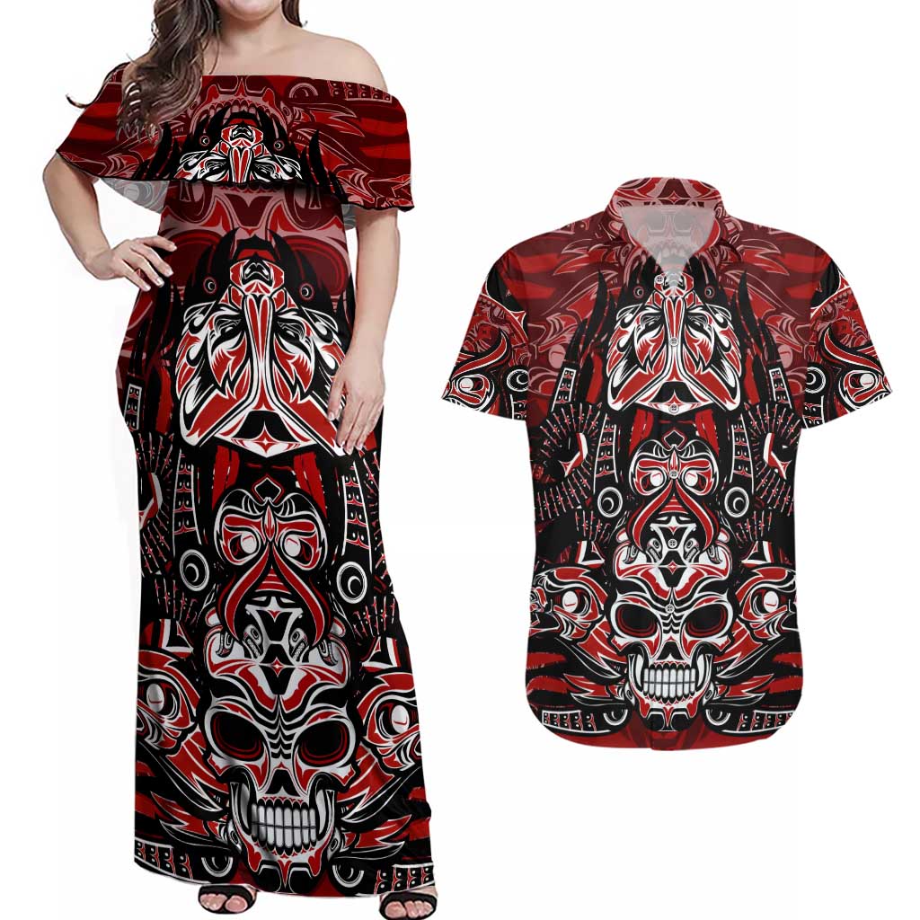 Haida Tribal Skull Canada Couples Matching Off Shoulder Maxi Dress and Hawaiian Shirt Indigenous Warrior Totem