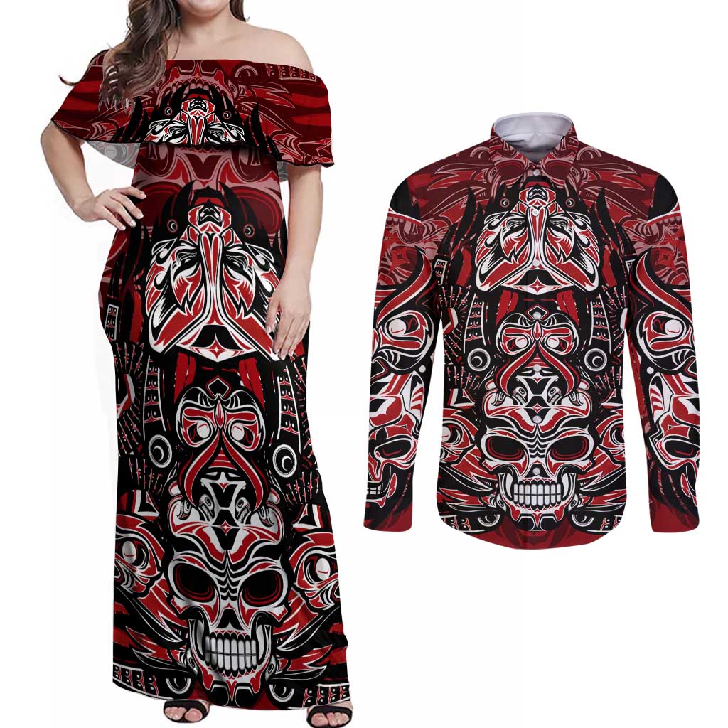 Haida Tribal Skull Canada Couples Matching Off Shoulder Maxi Dress and Long Sleeve Button Shirt Indigenous Warrior Totem