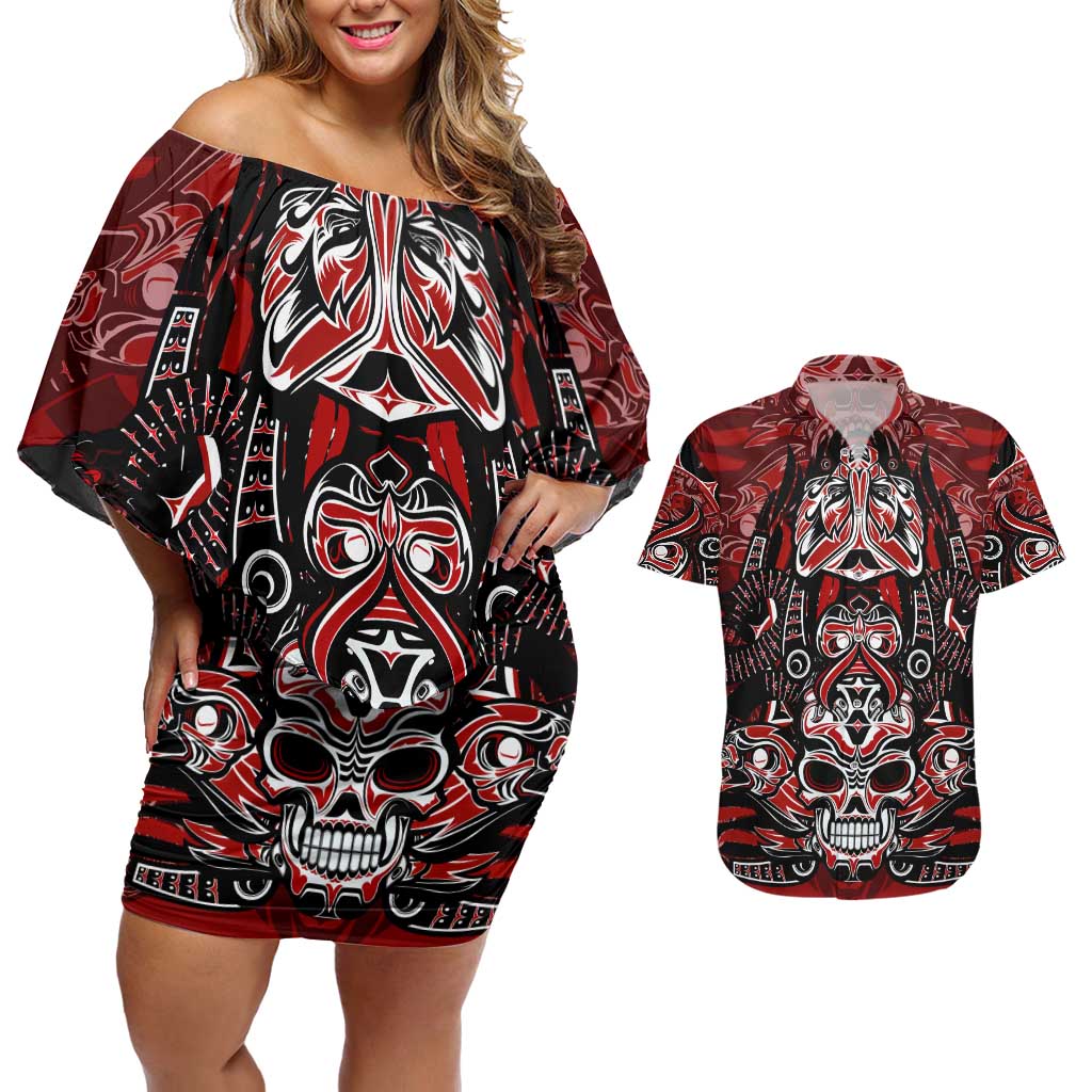 Haida Tribal Skull Canada Couples Matching Off Shoulder Short Dress and Hawaiian Shirt Indigenous Warrior Totem