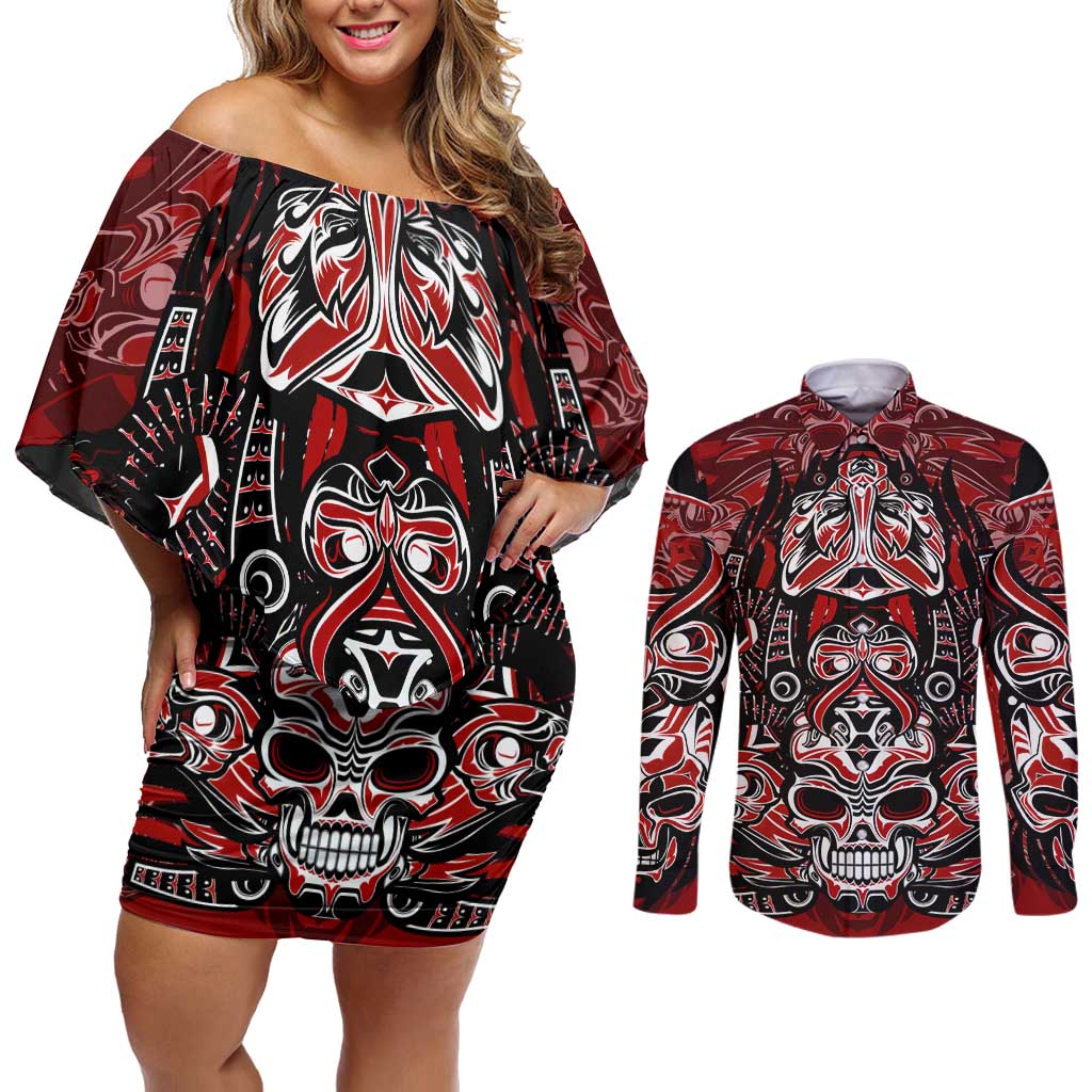 Haida Tribal Skull Canada Couples Matching Off Shoulder Short Dress and Long Sleeve Button Shirt Indigenous Warrior Totem