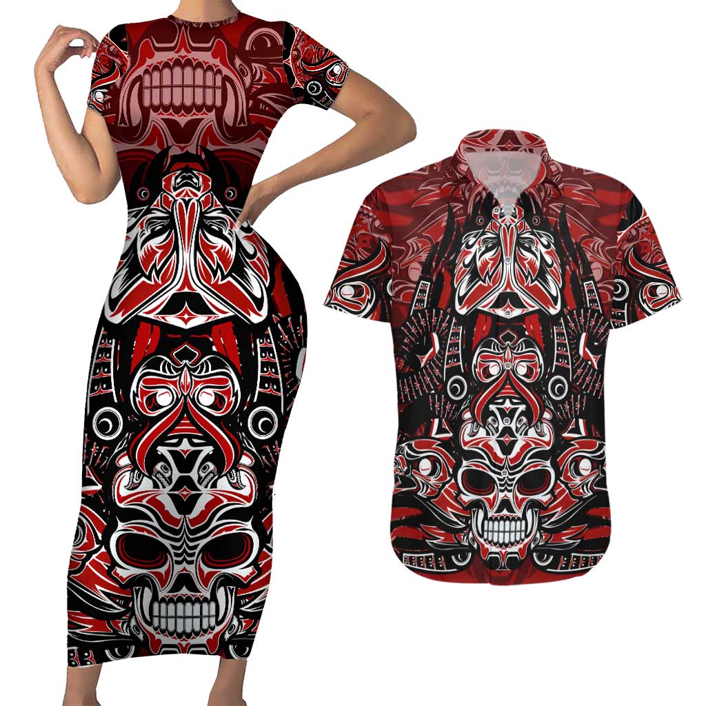 Haida Tribal Skull Canada Couples Matching Short Sleeve Bodycon Dress and Hawaiian Shirt Indigenous Warrior Totem