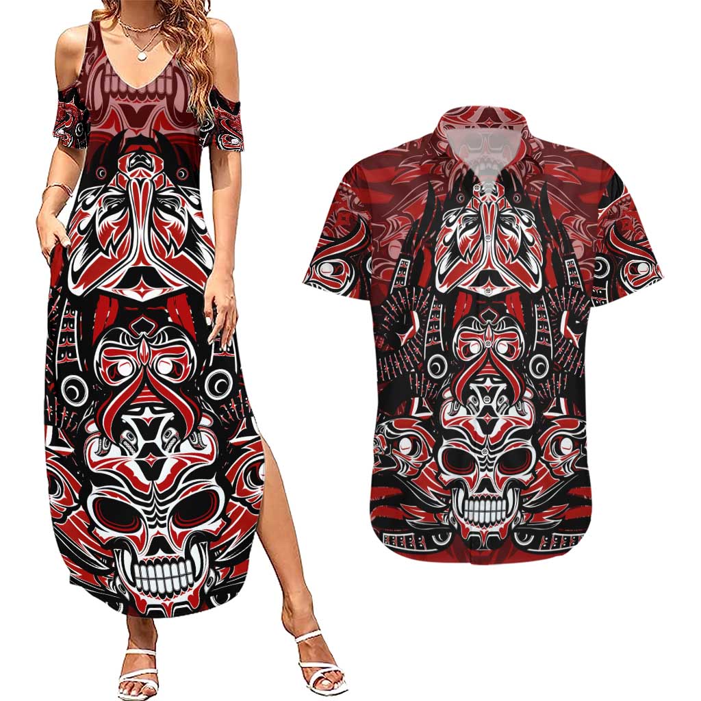 Haida Tribal Skull Canada Couples Matching Summer Maxi Dress and Hawaiian Shirt Indigenous Warrior Totem