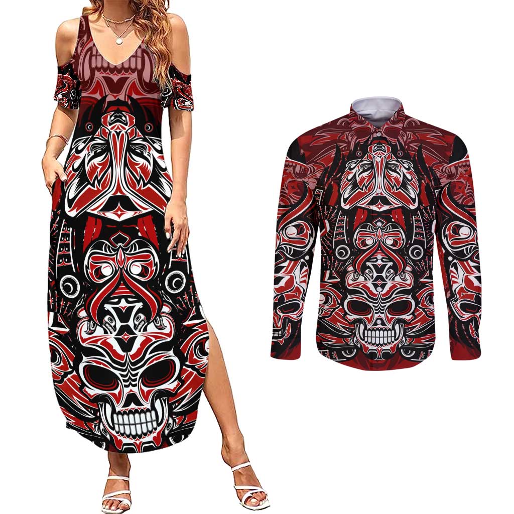 Haida Tribal Skull Canada Couples Matching Summer Maxi Dress and Long Sleeve Button Shirt Indigenous Warrior Totem