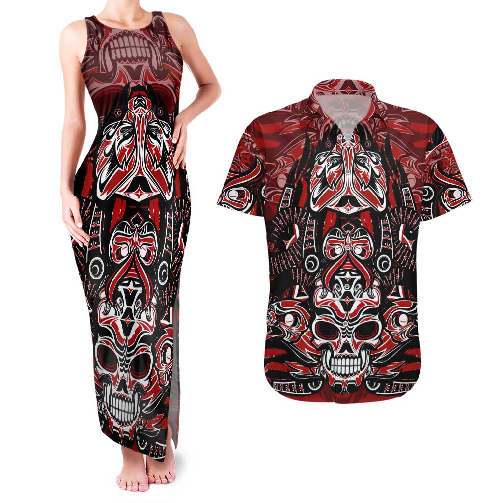 Haida Tribal Skull Canada Couples Matching Tank Maxi Dress and Hawaiian Shirt Indigenous Warrior Totem