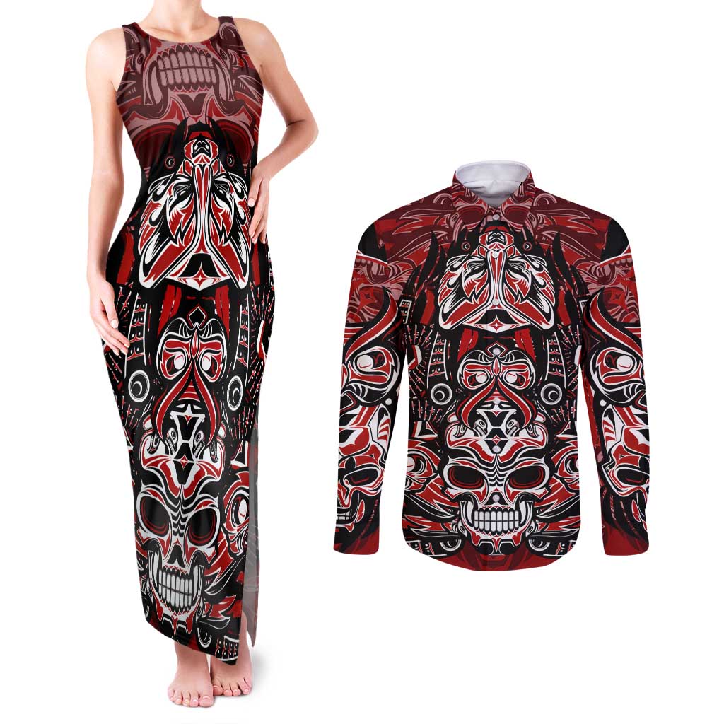 Haida Tribal Skull Canada Couples Matching Tank Maxi Dress and Long Sleeve Button Shirt Indigenous Warrior Totem