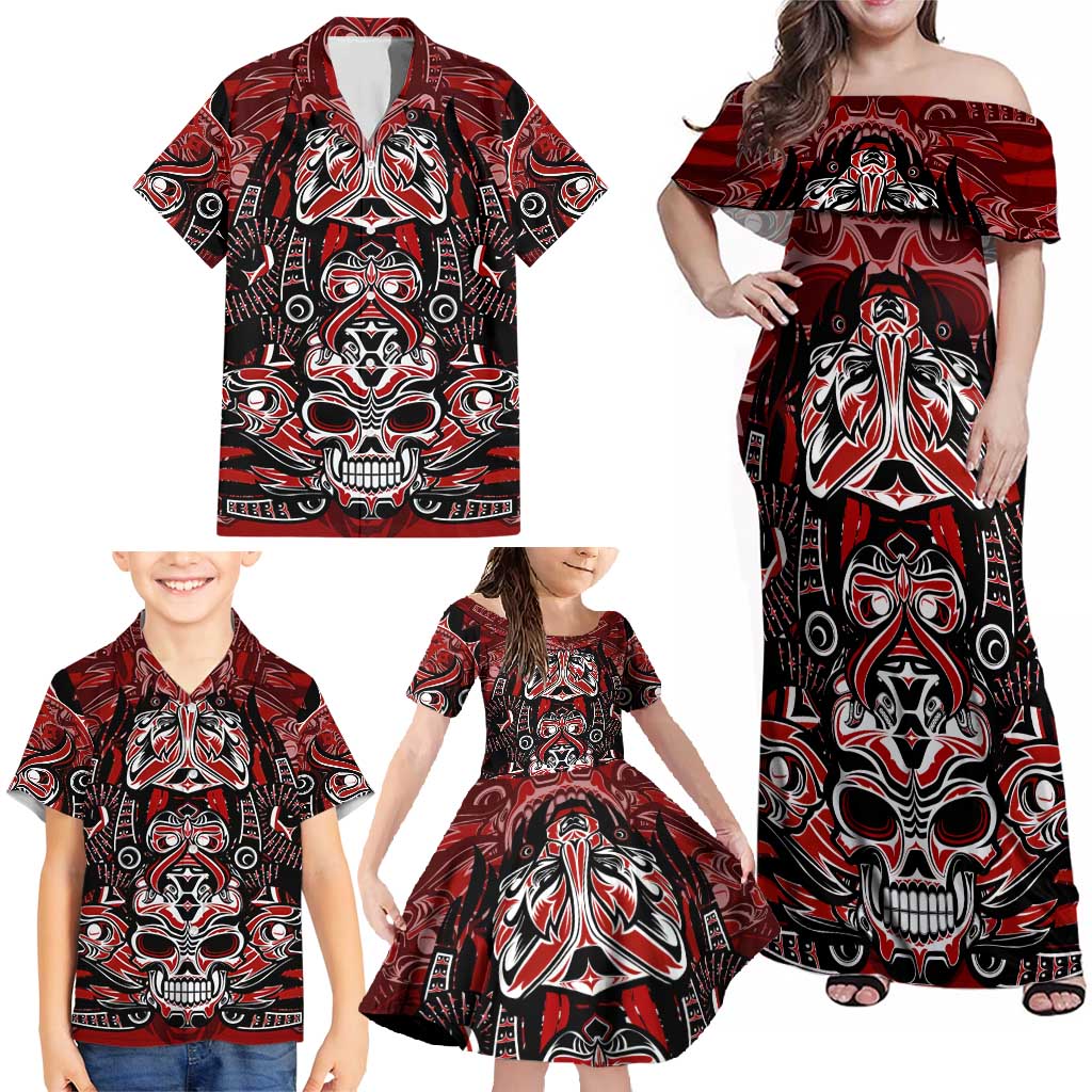 Haida Tribal Skull Canada Family Matching Off Shoulder Maxi Dress and Hawaiian Shirt Indigenous Warrior Totem