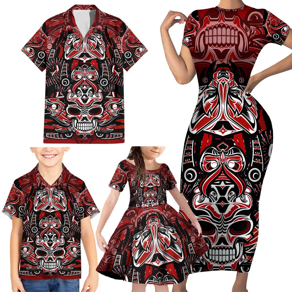 Haida Tribal Skull Canada Family Matching Short Sleeve Bodycon Dress and Hawaiian Shirt Indigenous Warrior Totem