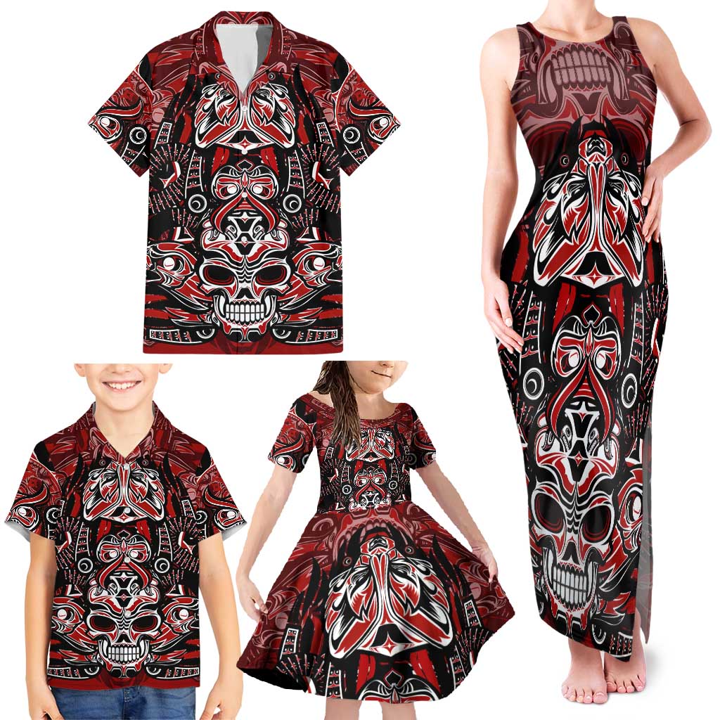 Haida Tribal Skull Canada Family Matching Tank Maxi Dress and Hawaiian Shirt Indigenous Warrior Totem