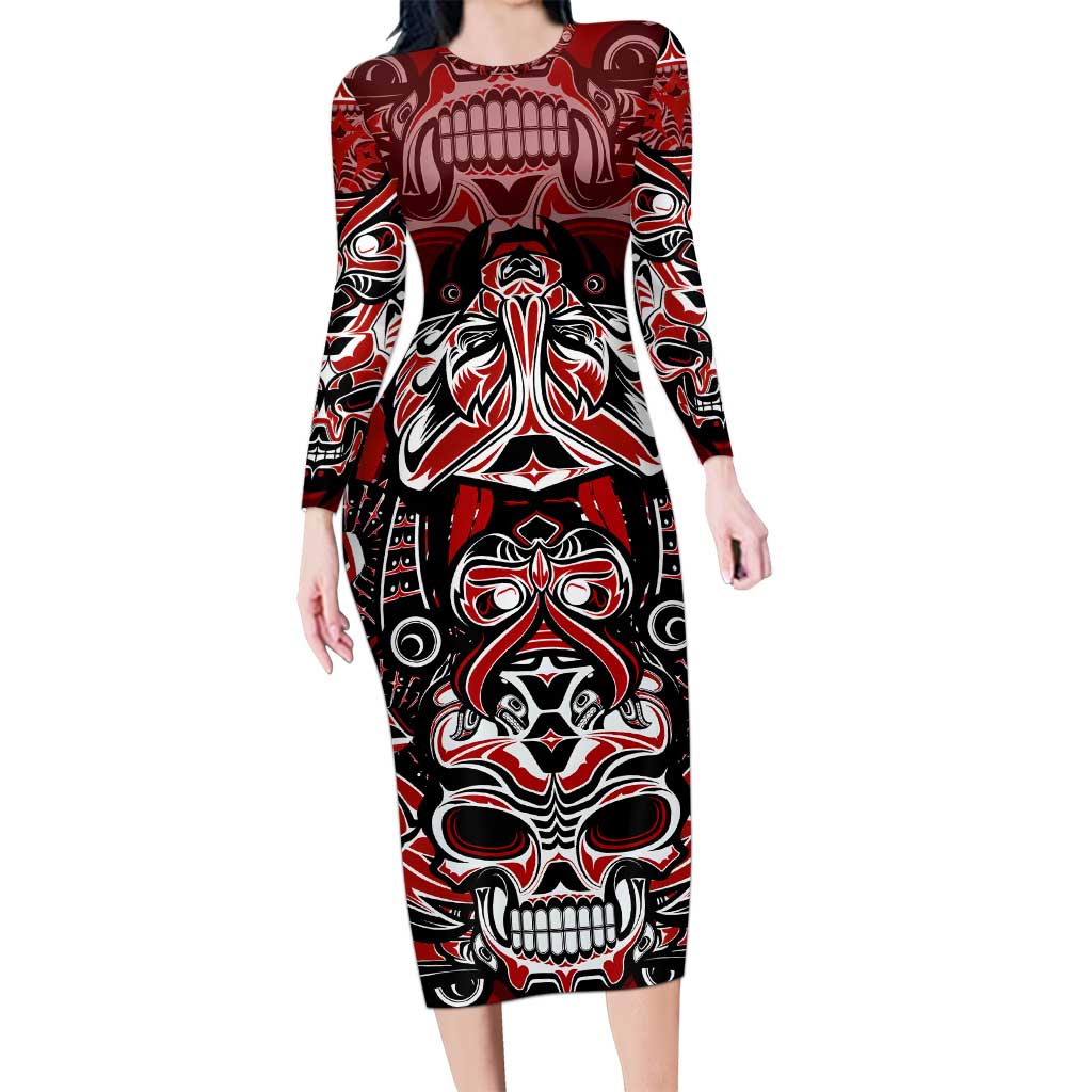 Haida Tribal Skull Canada Long Sleeve Bodycon Dress Indigenous Warrior Totem