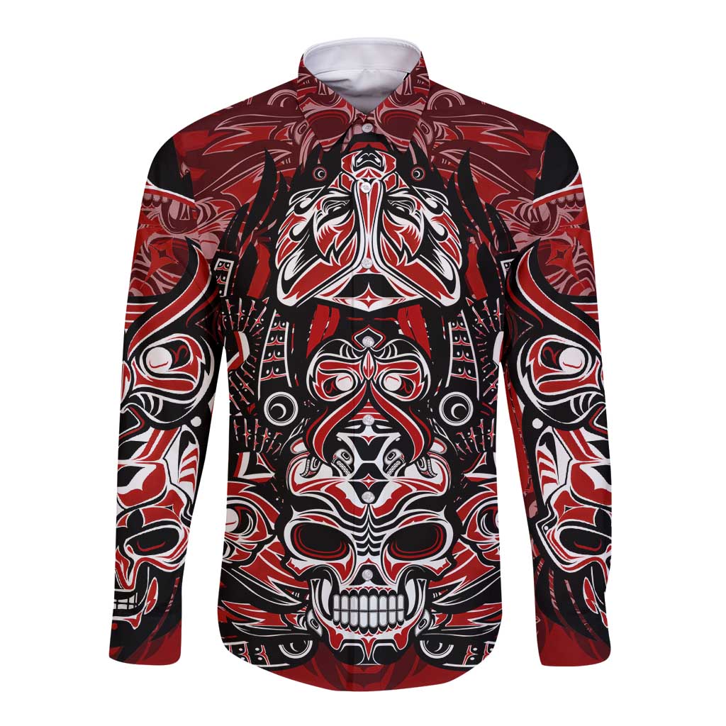 Haida Tribal Skull Canada Long Sleeve Button Shirt Indigenous Warrior Totem