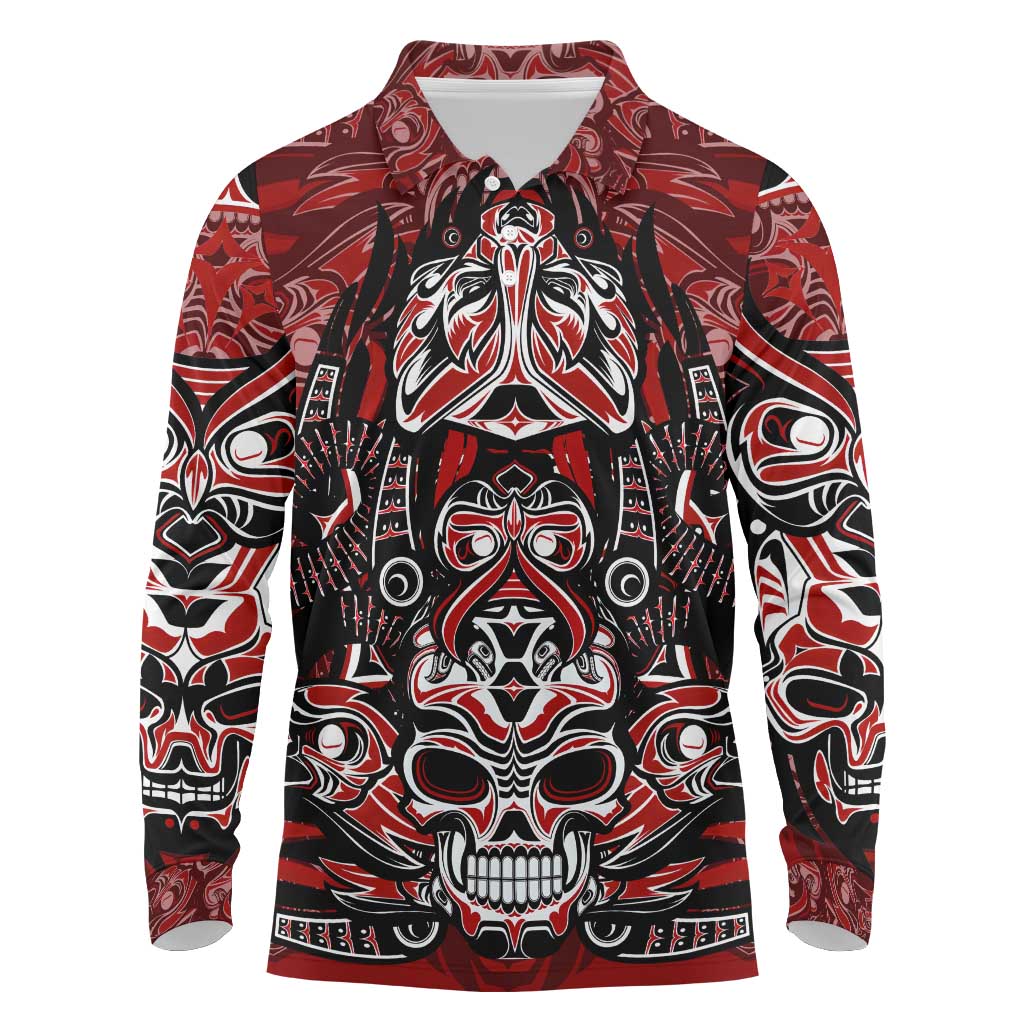 Haida Tribal Skull Canada Long Sleeve Polo Shirt Indigenous Warrior Totem