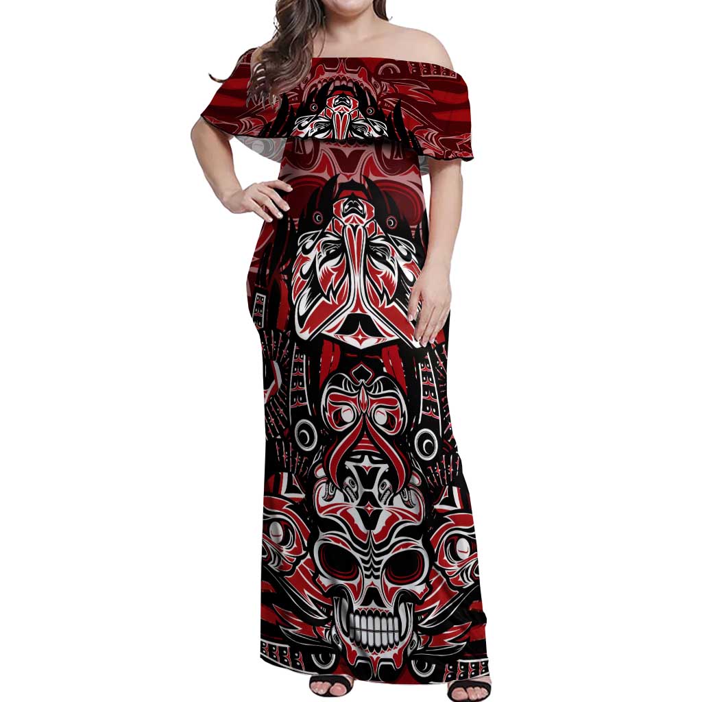 Haida Tribal Skull Canada Off Shoulder Maxi Dress Indigenous Warrior Totem