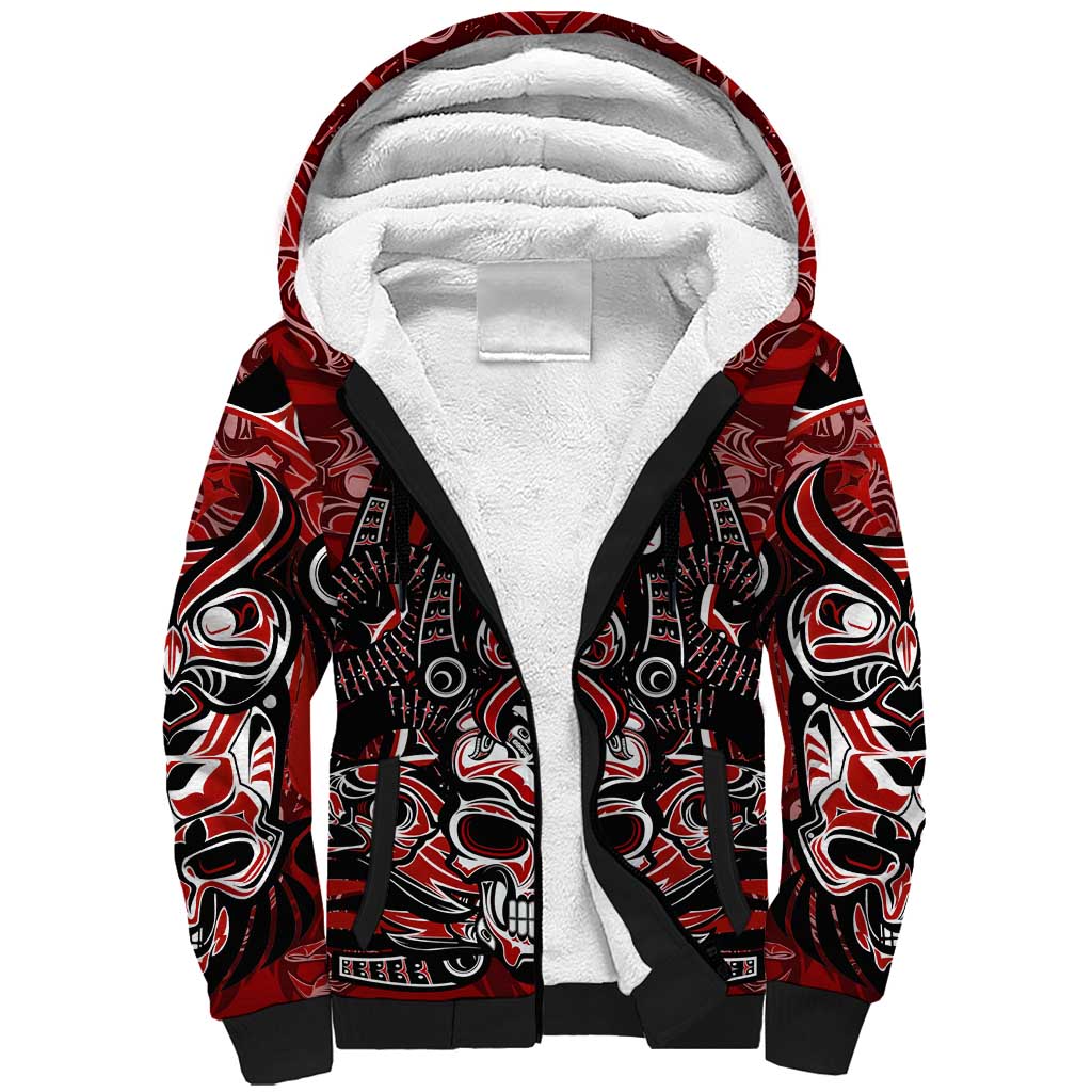 Haida Tribal Skull Canada Sherpa Hoodie Indigenous Warrior Totem