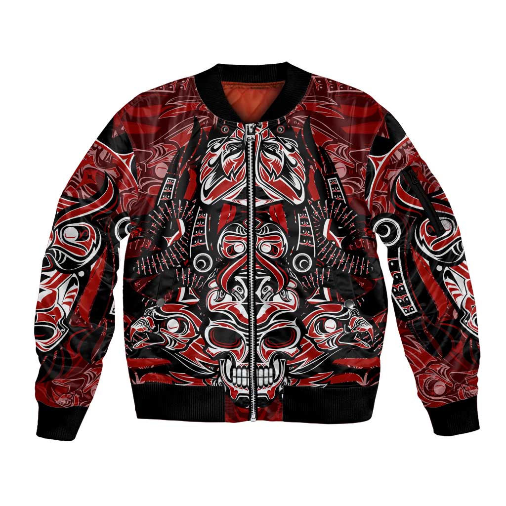 Haida Tribal Skull Canada Sleeve Zip Bomber Jacket Indigenous Warrior Totem