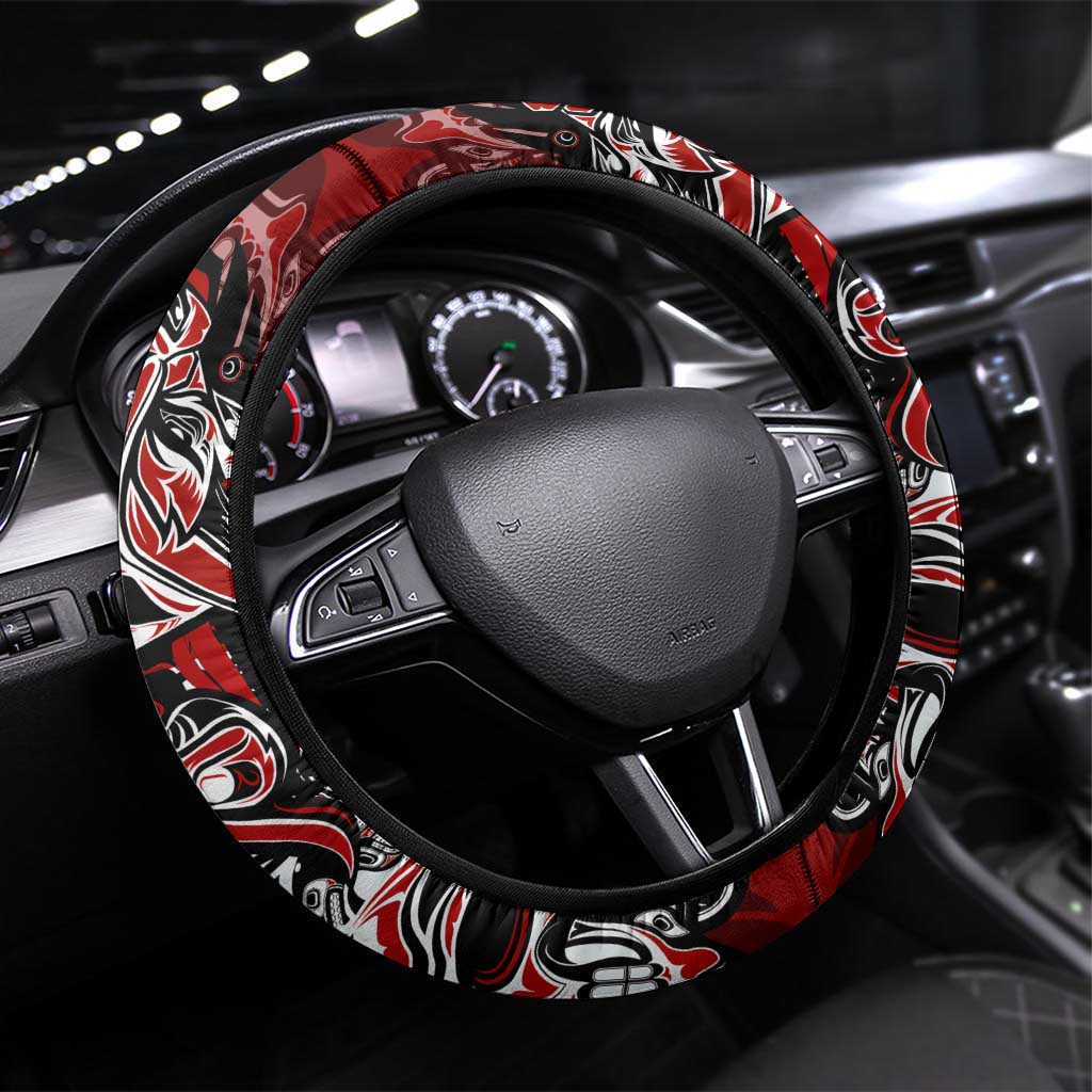 Haida Tribal Skull Canada Steering Wheel Cover Indigenous Warrior Totem