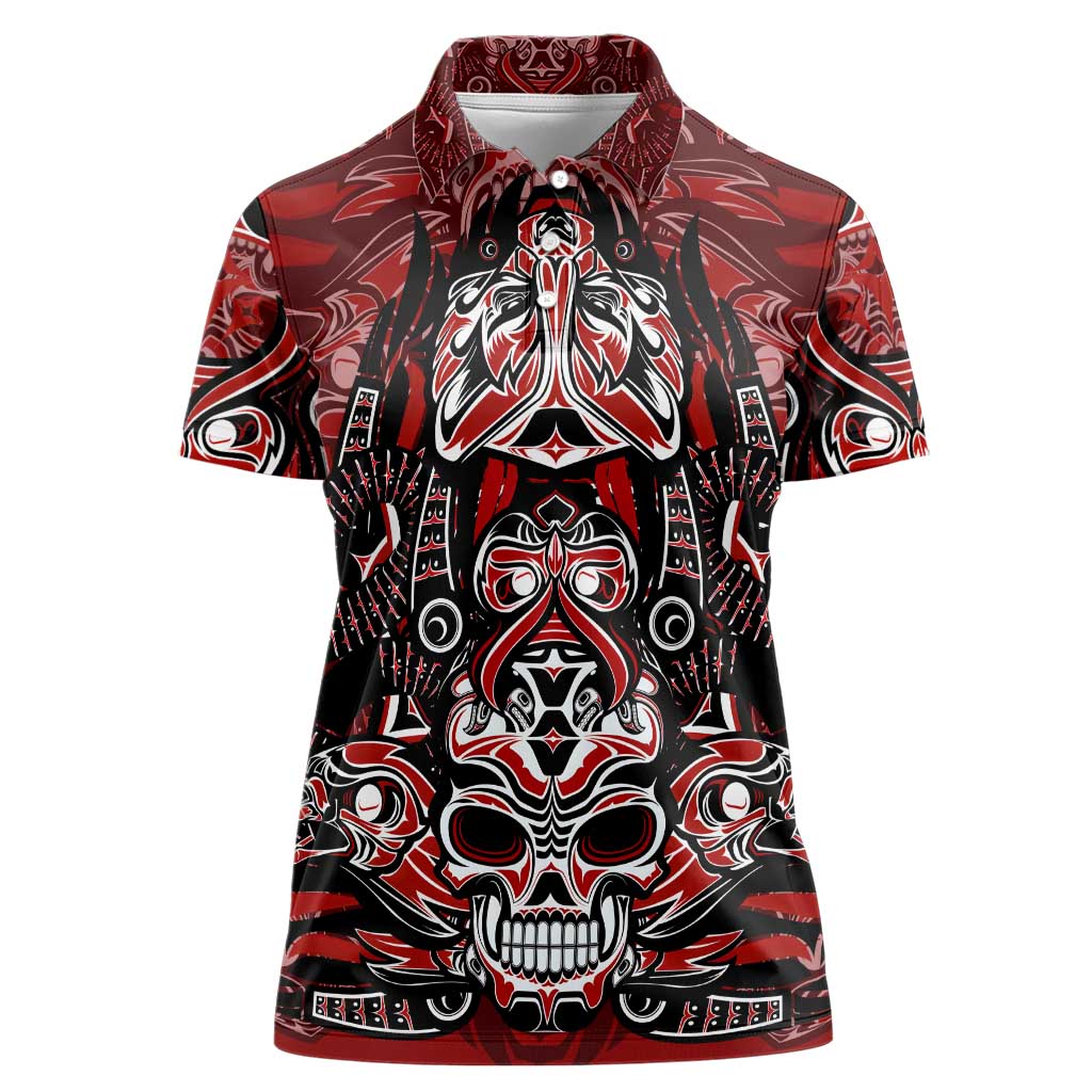 Haida Tribal Skull Canada Women Polo Shirt Indigenous Warrior Totem