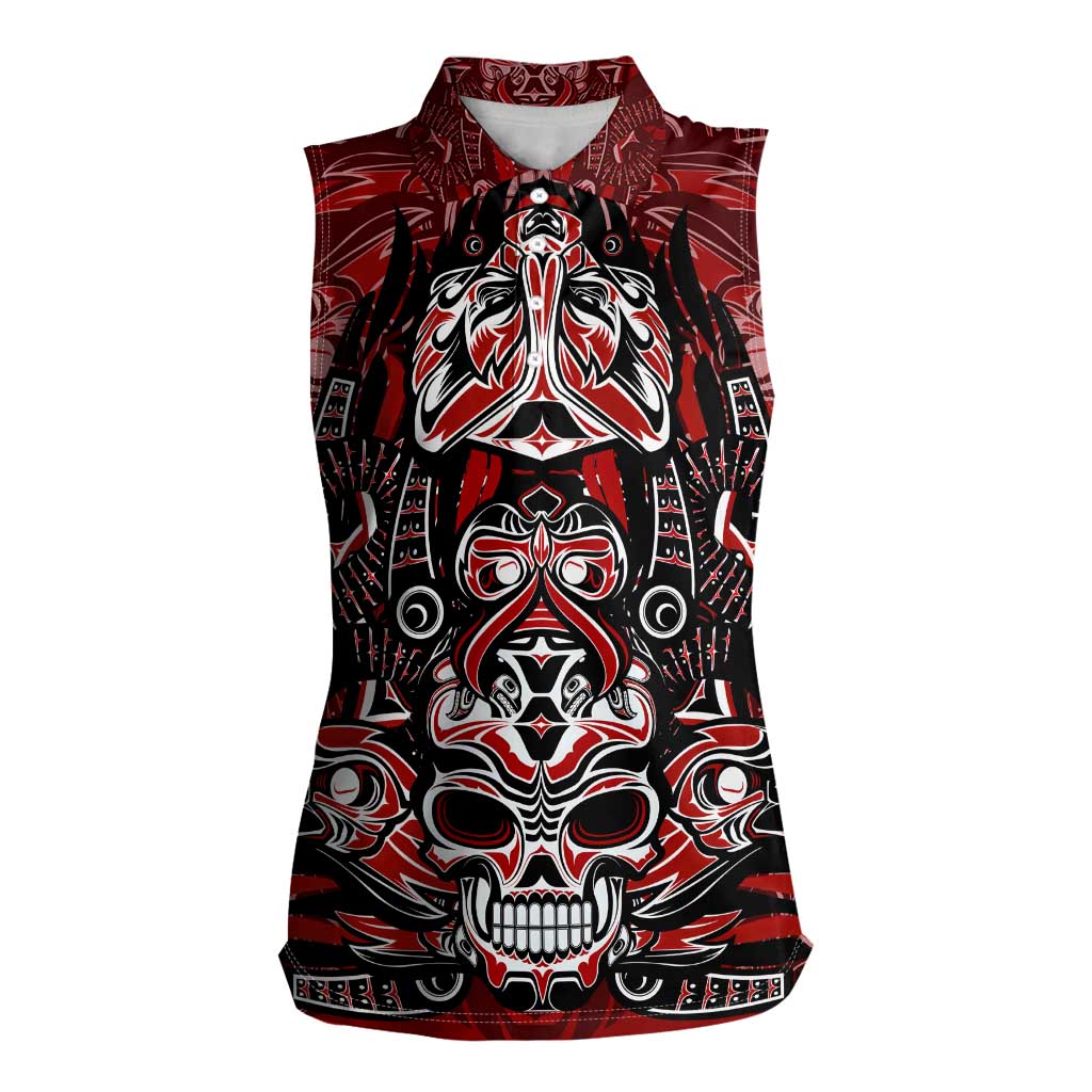 Haida Tribal Skull Canada Women Sleeveless Polo Shirt Indigenous Warrior Totem