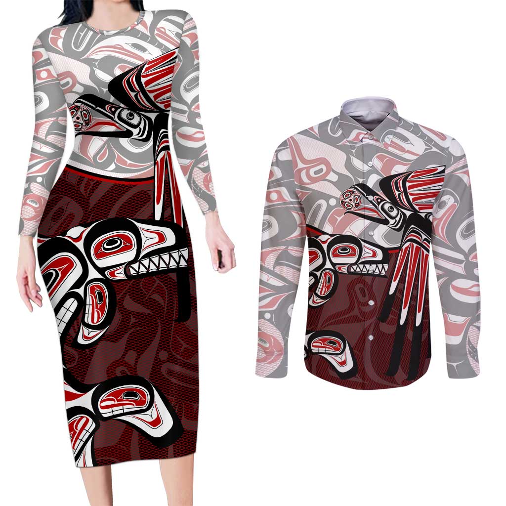 Haida Orca and Eagle Battle Couples Matching Long Sleeve Bodycon Dress and Long Sleeve Button Shirt Canada Pacific Northwest Tribal Art